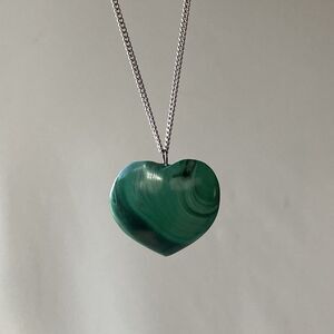 Vintage Sterling Silver 925 Malachite Heart Pendant w/ 18in Chain MYCO Sterling
